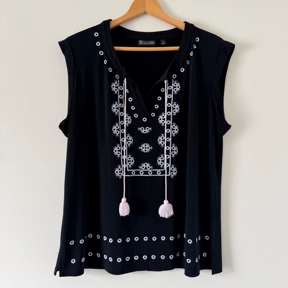 New York & Company Black Embroidered Tassel Sleeveless Top